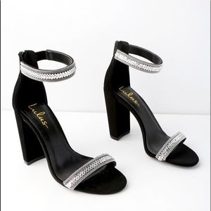 LULU’s Cacey Black Nubuck Beaded Ankle Strap Heels